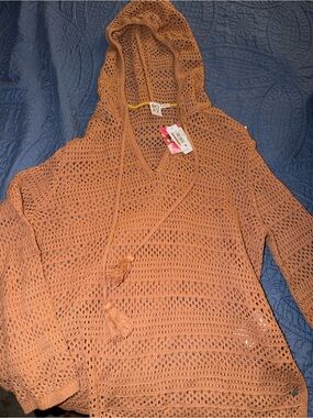 Roxy Women's Open-Knit Hooded V-Neck Sweater in Rusty Tan